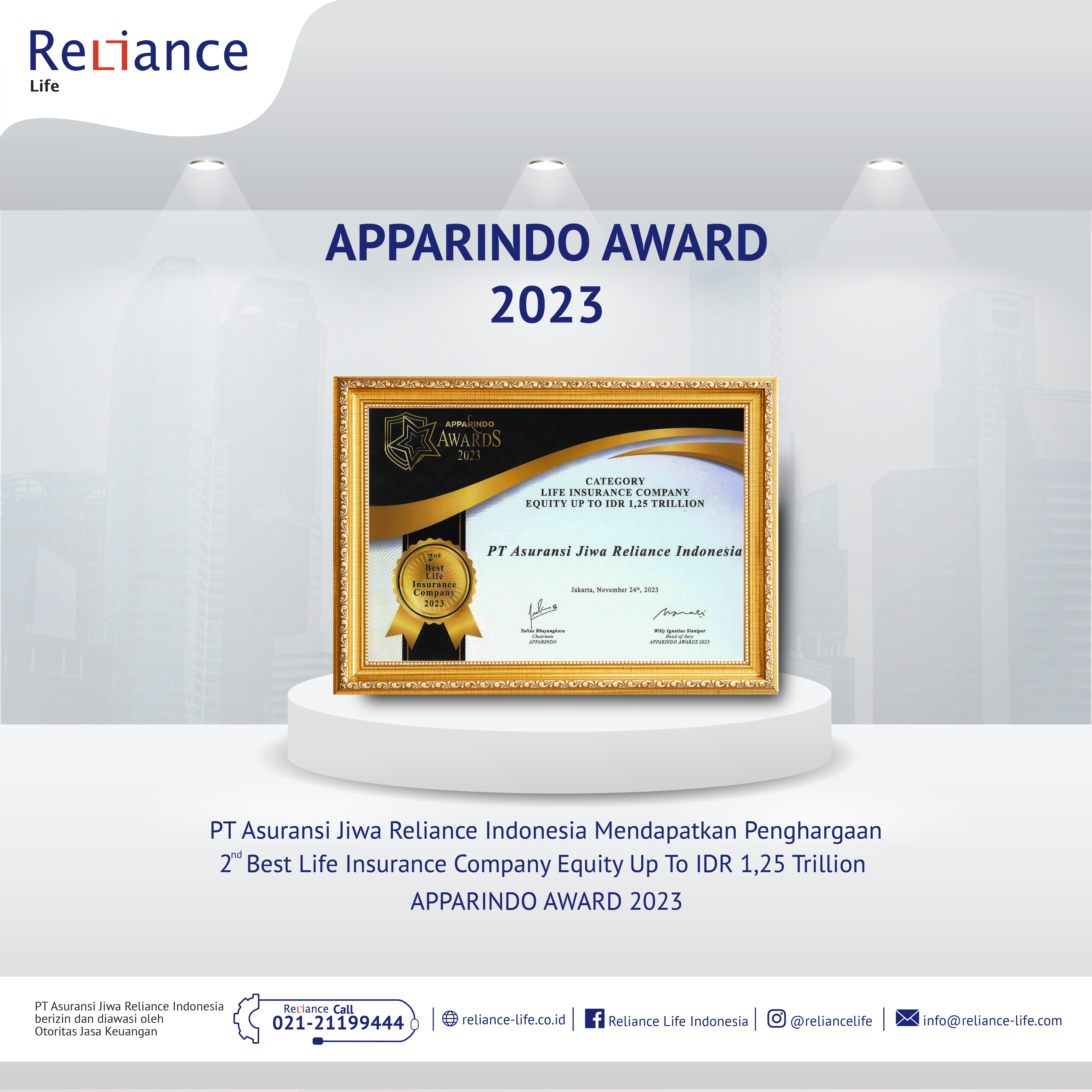 PT Asuransi Jiwa Reliance Indonesia Unit  meraih penghargaan “2nd The Best Performance Life Insurance Company 2023 (Equity Up To IDR 1,25 Trillion)”